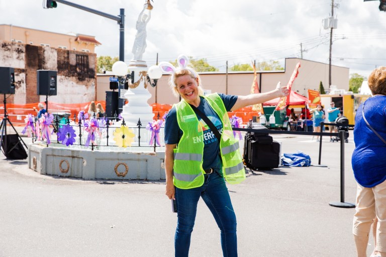 Spring fesitival Tammy Doerer with Boll Weevil Monument
